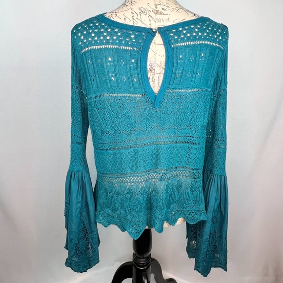 Free People Turquoise Once Upon A Time Bell Sleeve Peasant Top SM NWOT - Picture 7 of 17